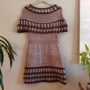 LoveStitch Romantic Tan Brown Knit Sweater A-Line Boho Dress Attached Capelet L